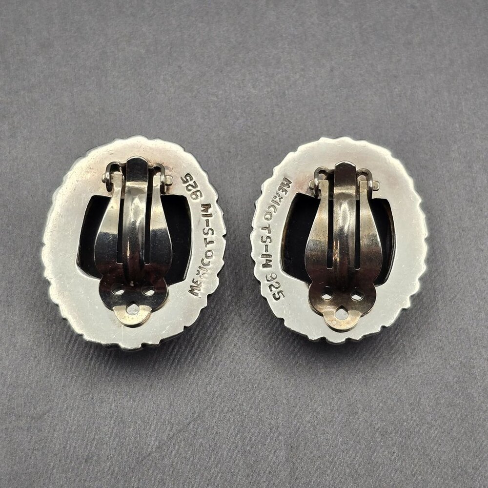 VTG Taxco Sterling Silver & Black Onyx Filigree Clip-On Earrings 1.25" TS-14 - Picture 6 of 12